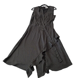 Calvin Klein Midi Dress SZ 10 Striped  Coquette Ruffle Asymmetrical Party Career